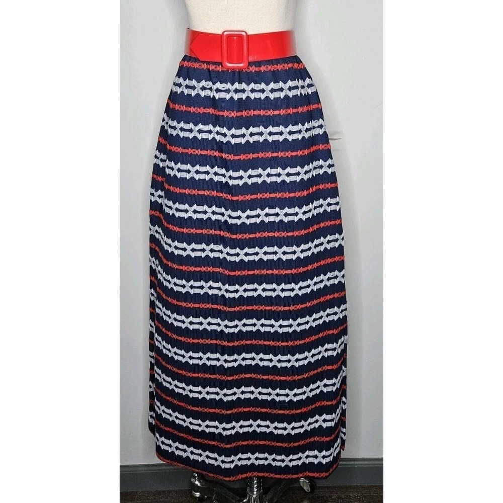 VTG 1970s NWT Dalton Red White Blue Belted Maxi Skirt Americana